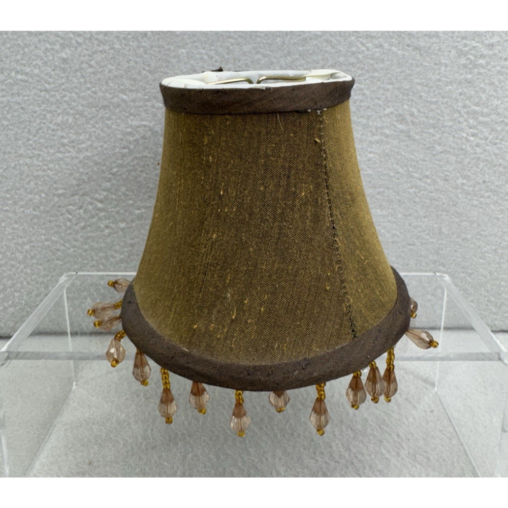 VTG Brown Gold Fabric Clip On Lamp Shade Beaded Fringe 4.5 Inch Boho Chic